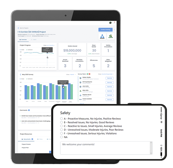 Tablet and smartphone screens show DashTech team surveys